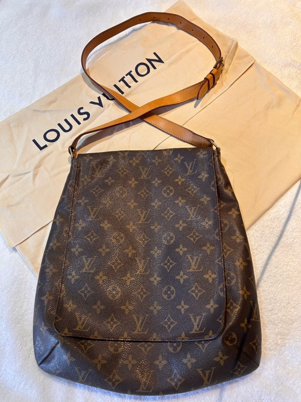 Louis Vuitton Monogram Shoulder Bag in Dark Brown with Tan Strap